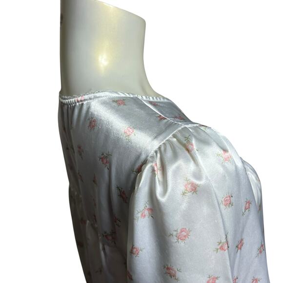 Vintage Satin Floral Nightgown, White with Pink Roses, Size Small - Picture 9 of 9